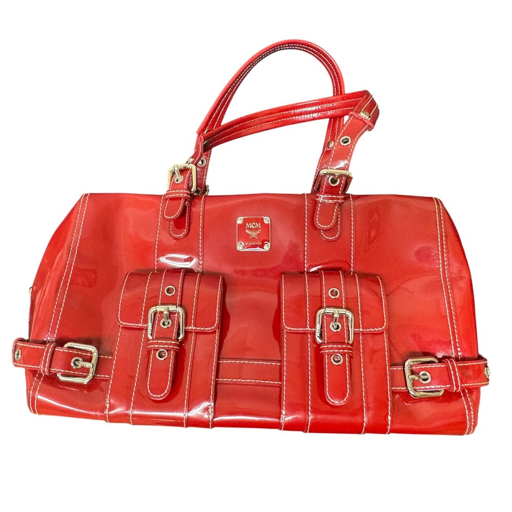 MCM Satchel Top Handle Bag Red Patent Leather‎ Buckle Detail EUC